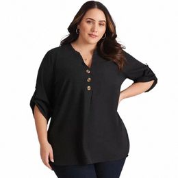 plus Size Notch Neck Spring Autumn Casual Blouse Women Rolling Up Sleeve Loose Top Large Size Butt Down Black Tunic Shirt 6XL h9uM#