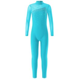 Teen Girls Gymnastics Dance Catsuit Jumpsuits Long Sleeve Shiny Rhinestone Decorated Hollow Back Skating Jumpsuit for Dance Wear