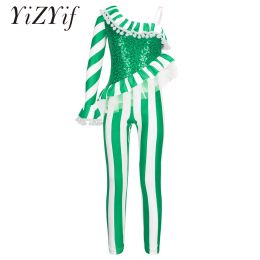 Kid Girls Candy Cane Christmas Dance Bodysuit One Piece Jumpsuit Unitard One Shoulder Xmas Holiday Santa Claus Costume Dancewear