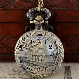 Bronze Hollow Train Theme Full Quartz Engraved Fob Retro Pendant Pocket Watch Chain Gift Fire Fighter Theme268t