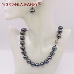 Necklace Earrings Set 10mm Natural Black Colored Shell Pearl Round Bead Necklace/Stud Temperament DIY Women's Jewelry Making Party Gifts