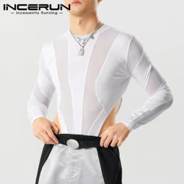 Men Bodysuits Mesh Patchwork O-neck Long Sleeve Skinny Rompers T Shirts Streetwear 2023 Transparent Male Bodysuit S-5XL INCERUN