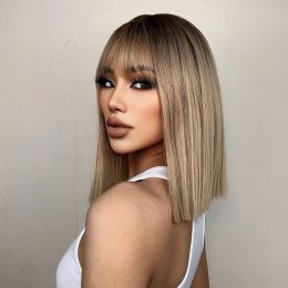 ALAN EATON Blonde Synthetic Bangs Wigs Short Straight Mixed Brown Wigs for Black Women Daily Cosplay Party Use Heat Resistant