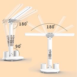 Newest LED Desk Lamp USB Dimmable Touch Foldable Table Lamp with Calendar Clock Mini Fan Night Light for Study Reading Lamp