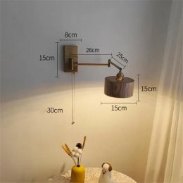 IWHD Left Right Rotate LED Wall Lamp Sconce Pull Chain Switch Bedroom Bathroom Mirror Stair Light Wooden Lampshade Wandlamp