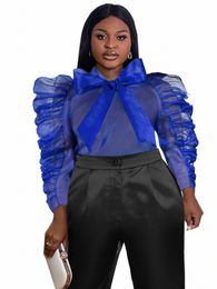 women See Through Blouse Puff Sleeve Tops Sexy Blue Transparent Loose Casual Evening Night Club Party Shirt Blouse 4XL Plus Size i3YR#