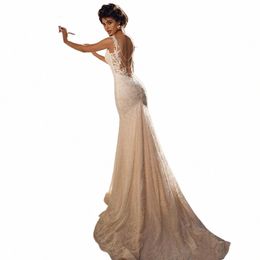 fatapaese Elegant Wedding Dr Fully beaded Sexy V-Nece Sleevelss Illusi Bride Back Hang Pearls Chains Mermiad Gown e4M1#