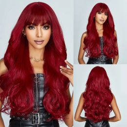 Wigs Synthetic Wigs Long Wavy Wine Red Burgundy Wigs with Bangs Colourful Hairs for Women Daily Cosplay Party Natural Heat Resistant