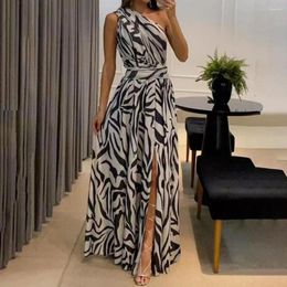 Casual Dresses Women Party Dress One Shoulder Sleeveless Contrast Color Print High Tight Waist Split Loose Hem Full Length A-line Lady