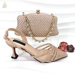 QSGFC Italian Design Nigeria New Trendy Full Diamond Embellished High Heels Peach Colour Women's Bag and Shoes For Party Wedding