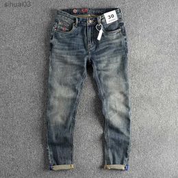 Men's Jeans Embroidered denim mens tapered jeans vintage Distressed Washed Pants for Youth American casual mens straight pants Trousers StreetwearL2403