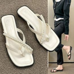 Slippers Fashion Pearl Flip Flops For Women Beaded Flats Clip Toe 2024 Summer Square Slides Cosy Zapatos De Mujer