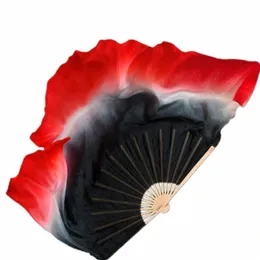 new Black Red Gradient Yangko Dance Fan Real Silk Veil Bamboo Ribs Double Sided 1 Pair Stage Show Props Performance Short Fan w5mS#