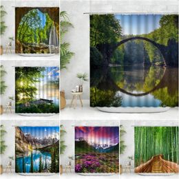 Shower Curtains Nature Scenery Curtain Rainforest Waterfall Bamboo Seaside Beach Forest Botanical Print Bathroom Decorative Accessories