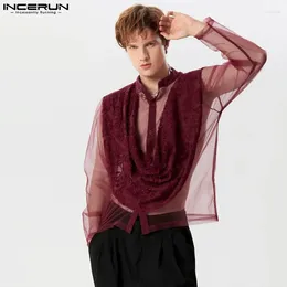 Men's Casual Shirts Party Clubwear Style Tops INCERUN Mens Front Fringe Patchwork Mesh Design Sexy Perspective Thin Long Sleeved Blouse