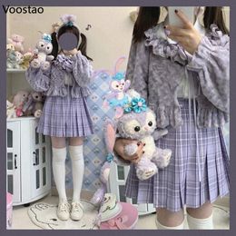 Women's Jackets Kawaii Lolita Cropped Cardigan Women Autumn Sweet Plush Embroidery Lace-Up Short Jacket Soft Girls Japanese Cute Warm Coat