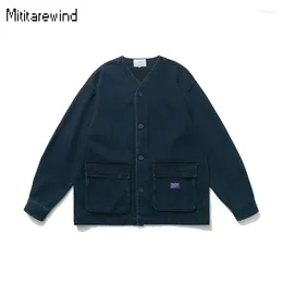 Men's Jackets Harajuku Male Coat Brand Spring Jacket Streetwear Baggy V-neck Button Blue Dye With Big Pockets Vintage Clothing