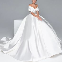 2024 New Arrival Wedding Dress Off Shoulder Satin Sweep Train A-Line Bridal Bride Gowns Vestido De Novias Robe De Mariage