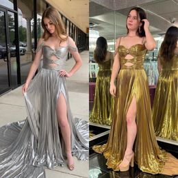 Gold Metallic Prom Dress Beaded Off-Shoulder Pleated A-Line High Split Side Long Winter Formal Event Party Gown Red Carpet Runway Oscar Gala Pageant Cut-Out Silver