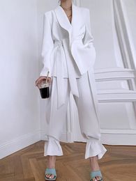 TARUXY Lace Up Slim Blazer Women Suit Set Autumn White High Waist Fashion Pants Street Casual Office Pant 2 Piece Sets Outfits 240319