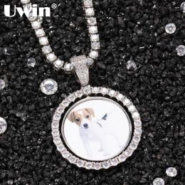 Necklaces UWIN Custom Made Photo Round Medallions Cubic Zircon Pendant Necklace Rotating doublesided Picture Pendants for Drop shipping