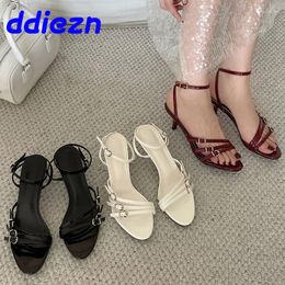 Dress Shoes Fashion Buckle Strap Ladies Thin Heels Pumps Sandals Female Round Toe Women Medium Wine Red Footwear Big Size