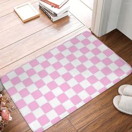 Bath Mats Pink Check Mat Square Bathroom Kitchen Shower Door Soft Velvet Floor Non Slip Pattern Toilet Pad