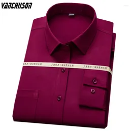 Men's Dress Shirts Men Shirt Bamboo Fiber Elastic Fabric For Summer Spring Long Sleeve Solid Dark Red Formal Style Male Fashion 00572