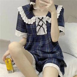 Koreańska piżama kobiety Summer Sleepwear Pijama Plaid Set Set Lace Chic Salwewear Sweet Long Rleeve PaJamas Suit