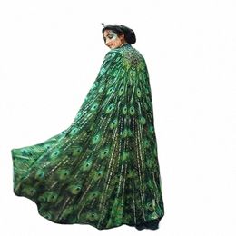 shawl Cape Chiff Thin Shawl Cloak Women New Peacock Lg Tailed Green Lace Up Dance Costume Round Neck Cloak Half Length Dr G5r5#