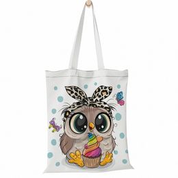 fudeam Fi Cute Carto Owl Print Large Capacity Canvas Bag Portable Foldable Shoulder Bag Lightweight Sling Shopper Bag I72L#