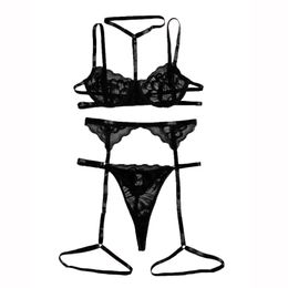 3 Piece Sexy Babydoll Teddy Lingerie Set for Women Halter Hollow Out Bandage Bra+Panties+Garter Exotic Sleepwear Valentines Day
