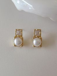 Stud Earrings Natural Pearl Geometric Metal Women's S925 Silver Needle Zirconia