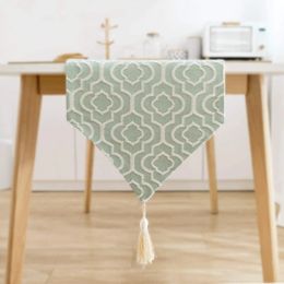 Elegant Jacquard Turquoise Cotton Linen Table Runner with Tassels Dresser Scarf for Home Party Wedding Dining Decor 240322