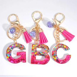 Keychains Lanyards New Shiny Sequin Letter Keychain Resin Couple Initial Name Keyring Pendant Womens Handbag Car Keyholder Handbag Accessories J240330