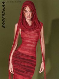 Basic Casual Dresses BOOFNAA Hooded Slveless Long Dresses Red Black S Through Knitted Dress Strtwear Y2k Clothing Sexy Outfit Women C71-DG31 T240330