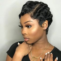 Sapphire 99J Finger Wave Short Bob Human Hair Wigs Ocean Wave Machine Made Pixie Cut Wigs For Black Women 27# Yellow Natural