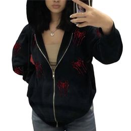 Y2K Spider Hoodie Gothic Zip Up Casual Sweatshirts Punk Retro Harajuku Hooded Woman Jacket Streetwear 240329