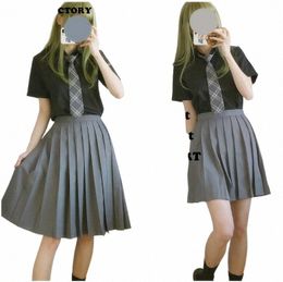 japanese sailor suit school uniform student wear class Japanese JK uniform shirt lg skirt coat three / set grey set t38n#