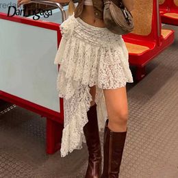 Skirts Skorts Darlingaga Fashion Design White Summer Lace Skirt Female Asymmetrical Romantic Ruffles Short Skirts Flower Fold Party Retro 2023 240330