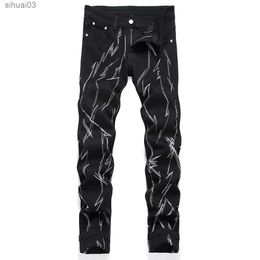 Men's Jeans Mens embroidered black denim jeans street clothing punk ultra-thin tapered pants casual stretch pantsL2403