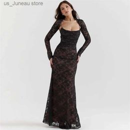 Urban Sexy Dresses Black Lace Prom Dress 2 Pieces Set Sexy Srap Party Evening Dresses+Full Slves Outfit Formal Tie Up Back Long Robe Vestido T240330