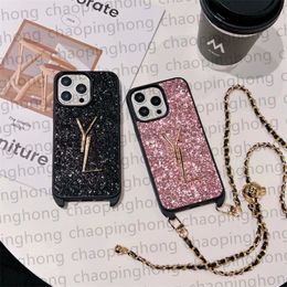 Luxury Glitter Phone Case Designer iPhone Case for iPhone 15 Pro Max 14 13 12 Pro Max 15 Plus Case Fashion Bling Sequin Mobile Cover Crossbody Chain Lanyard