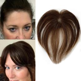 6Inch Brown Mini Human Hair Topper 15CM Scalp Top Hair Bangs 5X5CM Women Toupee With a Cut Bang Silk Skin Base Fringe Hairpieces