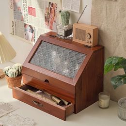 1pc Retro Wooden Tabletop Jewellery Cosmetics Sundries Sorting Storage Box, Multipurpose Organiser Case with Transparent/patterned Glass Lid
