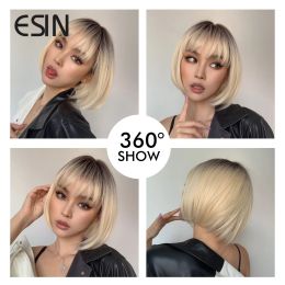 Chignon ESIN Synthetic Medium Long Straight Hair with The Top Black Ombre to White Blonde Bob Wigs for Women Heat Resistant Natural