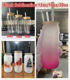 NEW 12oz 16oz 20oz Sublimation Glass Beer Mugs Water Bottle Beer Can Tumbler Drinking Glasses With Bamboo Lid And Reusable Stra1294164