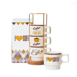 Mugs Custom Ceramic Porcelain 4pcs In Sets Stacking Cup Mug With Metal Stand