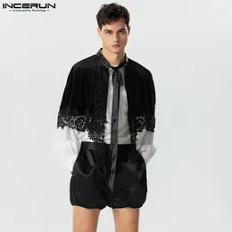 Men's Trench Coats 2024 Men Cloak Lace Velour Patchwork Up Casual Male Ponchos Streetwear Fashion Cape Crop Irregular INCERUN