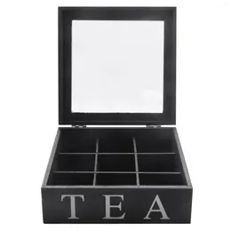 Storage Bottles Wooden 9 Grids Tea Box Bags Container Square Gift Case Transparent Top Lid Jewellery Box-Black